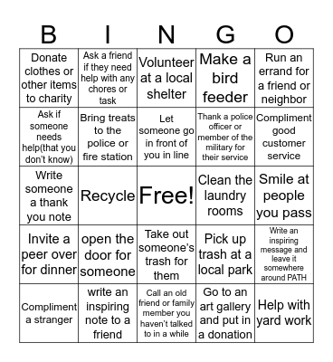 Random Acts of Kindess Bingo Card