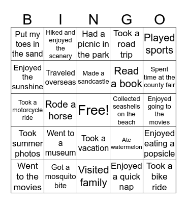 Summer Bingo Card