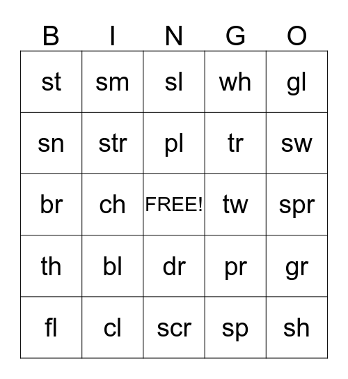 Consonant Blends Bingo Card