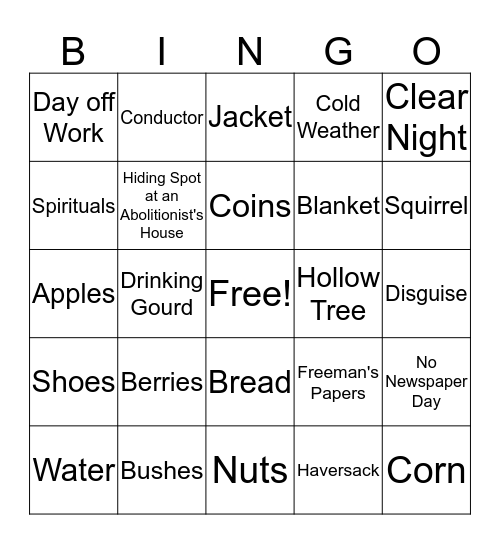 Underground Railroad Bingo Card