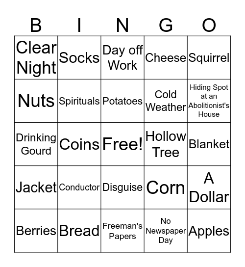 Underground Railroad Bingo Card