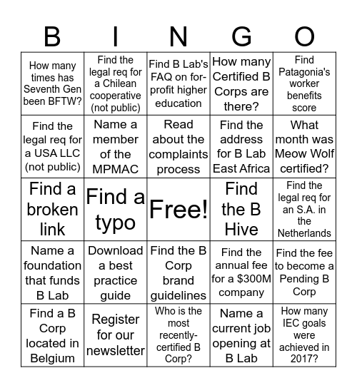 Website Sneak Peek Bingo Card