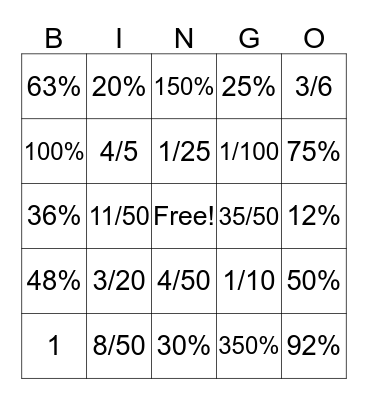 Fractions and Percents  Bingo Card