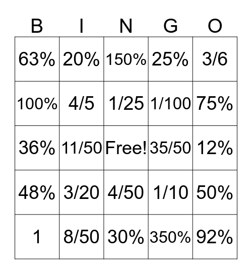 Fractions and Percents  Bingo Card