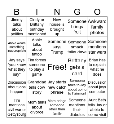 Reunion Bingo Card