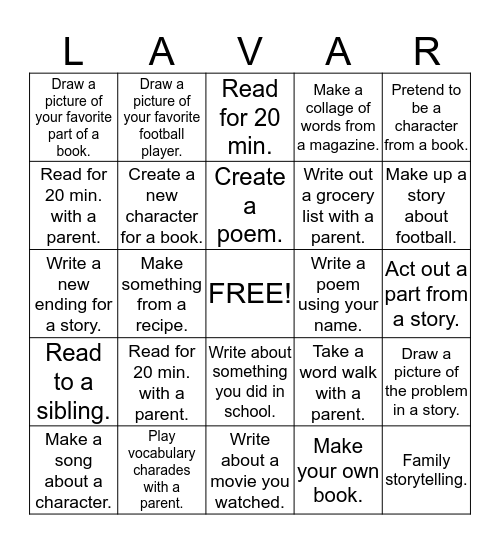 Lavar's Family Reading Bingo Card