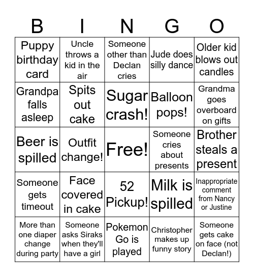 Declan's First Birthday Bingo Card
