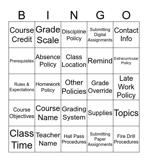 Syllabus Bingo! Bingo Card