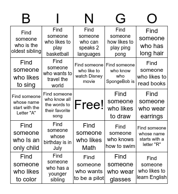 Getting to know you Bingo Card