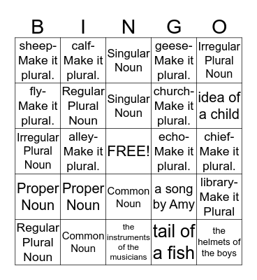 Noun Review Bingo Card