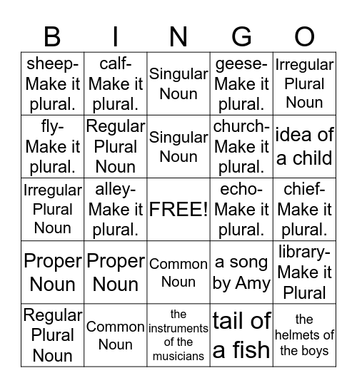 Noun Review Bingo Card