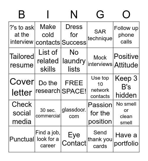 WAYS TO BE SUCCESSFUL IN JOB SEARCHING Bingo Card