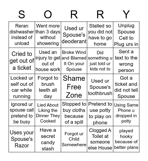 Guilty As Sin Bingo Card