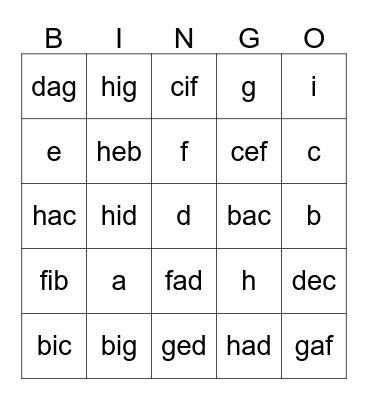 Phonics a-i Bingo Card