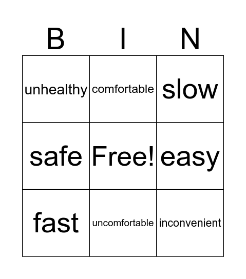 Adjective Bingo Card