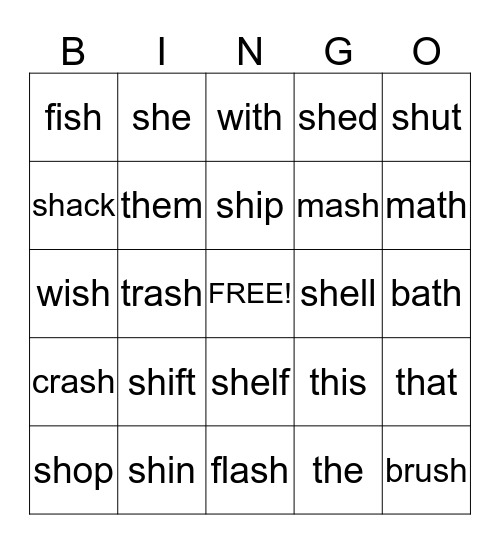 words with sh Bingo Card