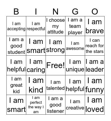 Self Esteem Bingo Card