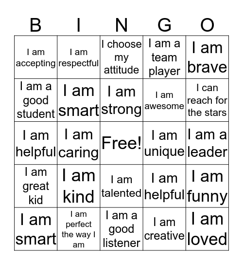 Self Esteem Bingo Card