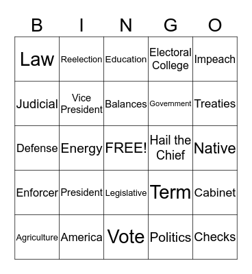 Executive Branch of Government Bingo Card