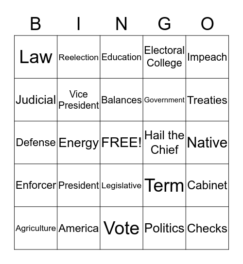 Executive Branch of Government Bingo Card