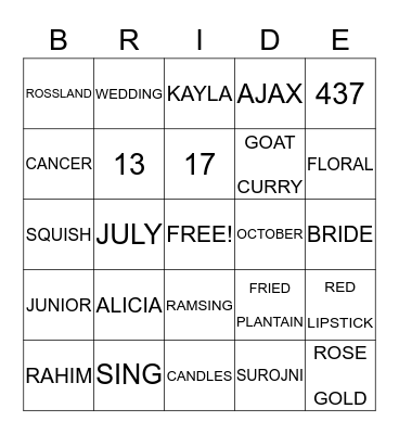 Alicia's Bridal Shower Bingo Card