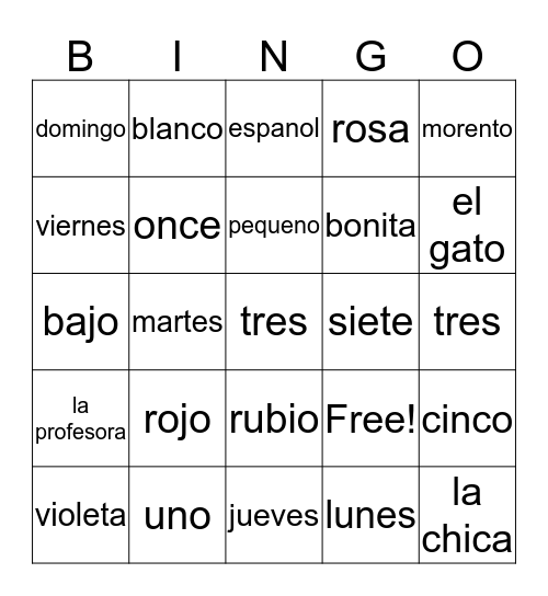 Spanish Bingo Card
