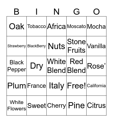 Vineyard Bingo Card