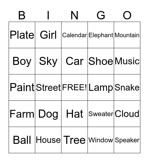 Noun Bingo! Bingo Card