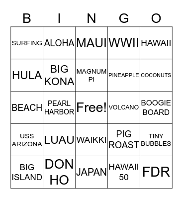 HAWAIIAN LUAU BINGO Card