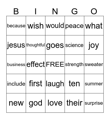 Site Words Bingo Card