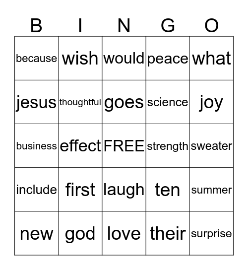 Site Words Bingo Card