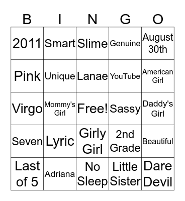 Lyric's 7th Birthday Bingo Card