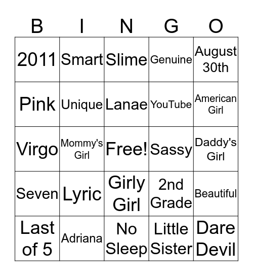 Lyric's 7th Birthday Bingo Card