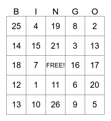 Number Bingo Card