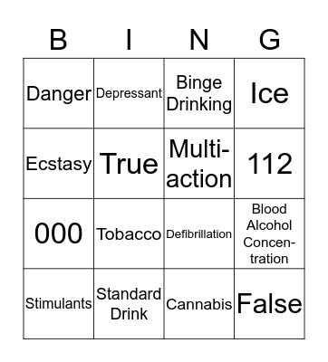 Drug Education Bingo Card