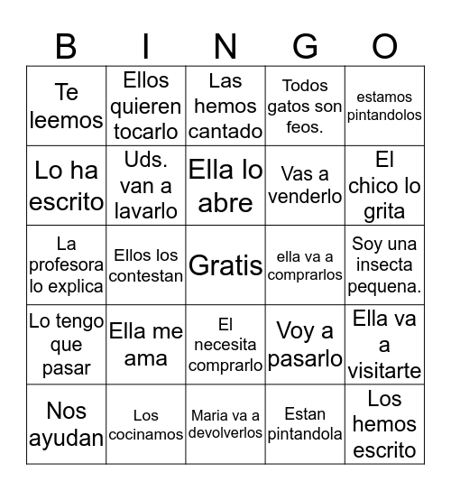 Direct objects Bingo Card