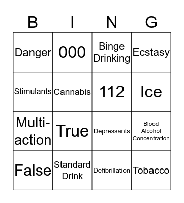 Drug Education Bingo Card