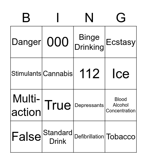 Drug Education Bingo Card