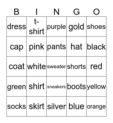 Clothes Bingo Card
