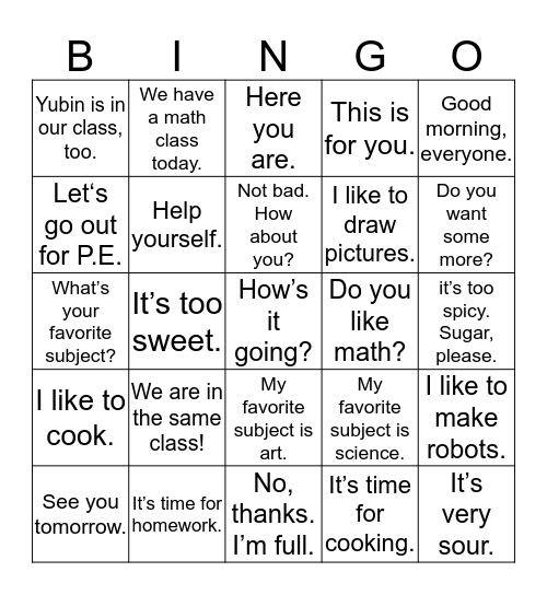 Lesson 1-3, Review Bingo Card