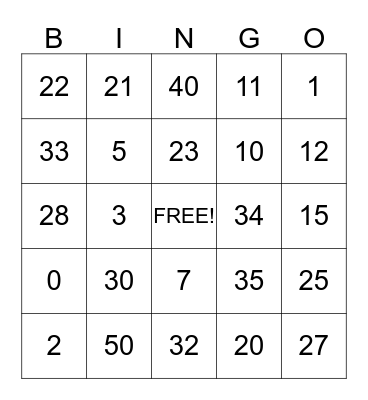 Number Bingo Card