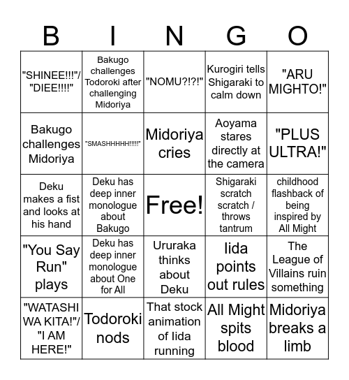 Boku no Bingo Academia Bingo Card