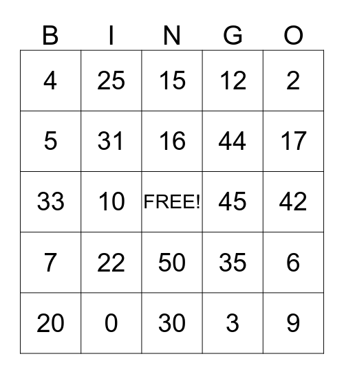 Number Bingo Card