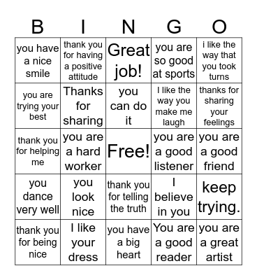 Self-Esteem Bingo Card