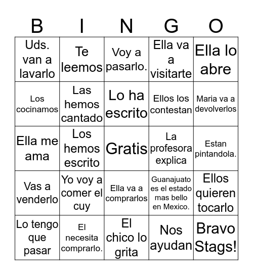 Direct objects Bingo Card