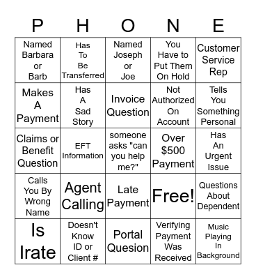 Phone Team Bingo Card