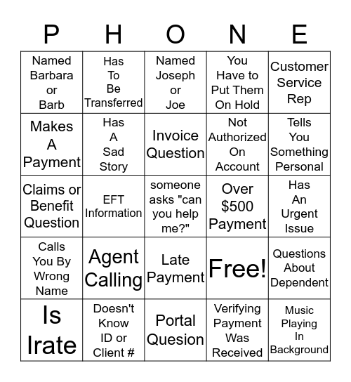 Phone Team Bingo Card
