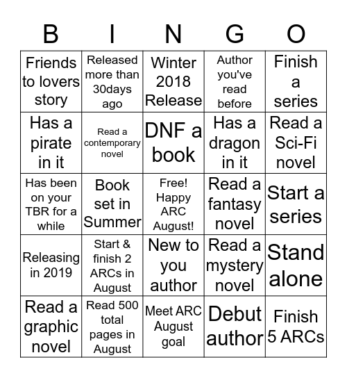 2018 ARC August Bookish Bingo Card