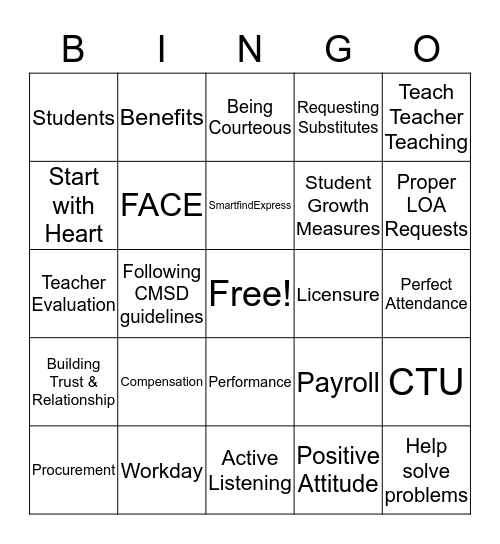 CMSD BLUE Institute Bingo Card