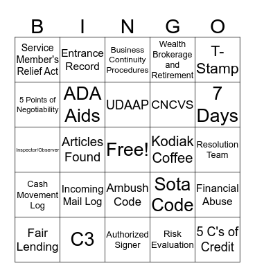 BCR Bingo  Bingo Card